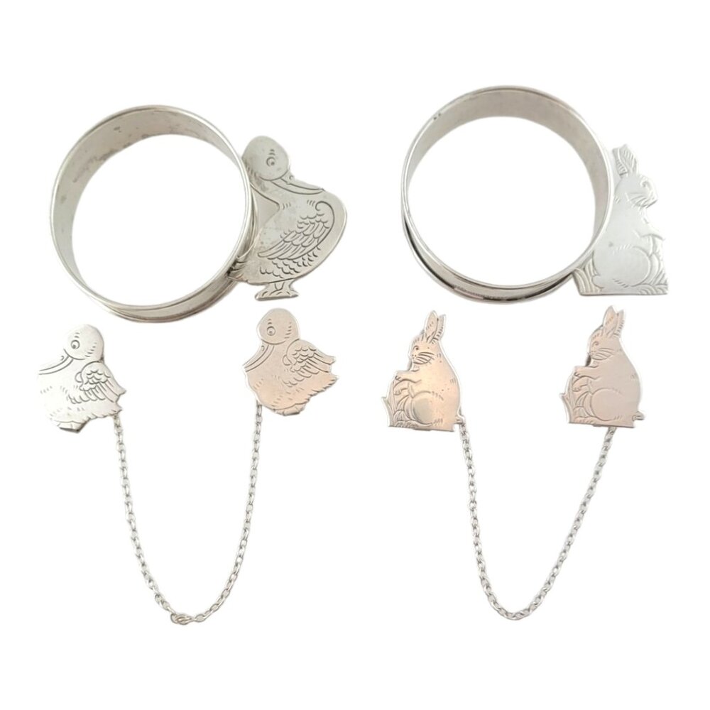 Webster Sterling Silver Duck Rabbit Napkin Rings Bib Clips 4 Piece Set #18018